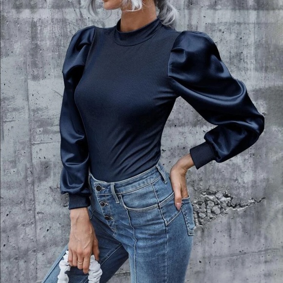 Boho black ribbed knit satin puff sleeve blouse - Picture 4 of 15